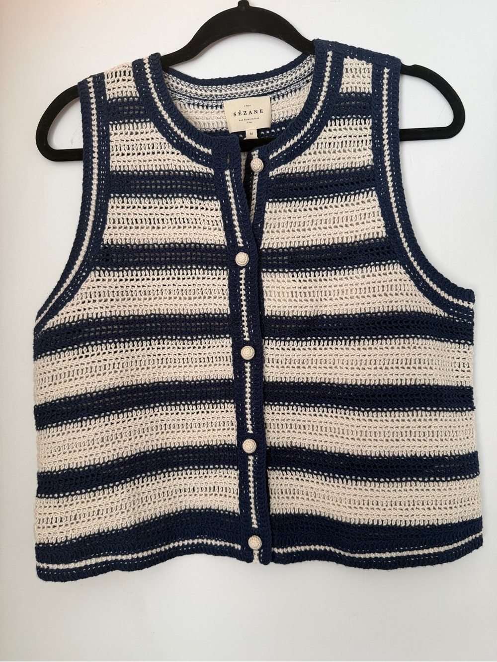Sezane Navy and Cream Striped Crochet Button-Front Tank - Picture 3 of 7